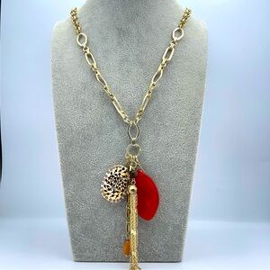 Chico’s Long Gold Tone Chain Necklace with Charms & Tassel Pendant
